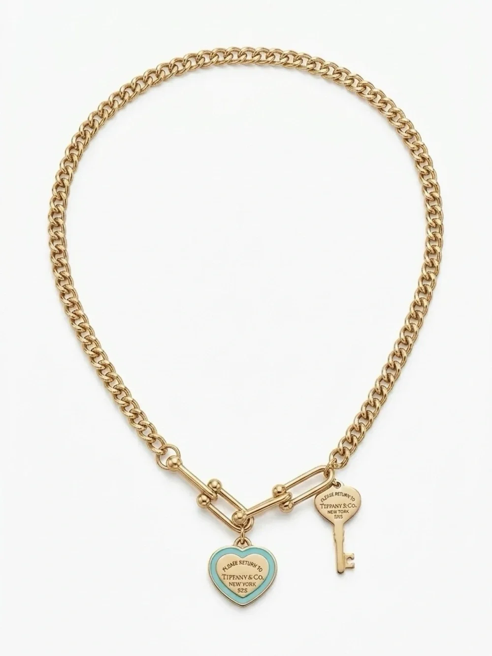 Stainless steel gold toned Heart and Key Pendant Necklace with Turquoise Enamel